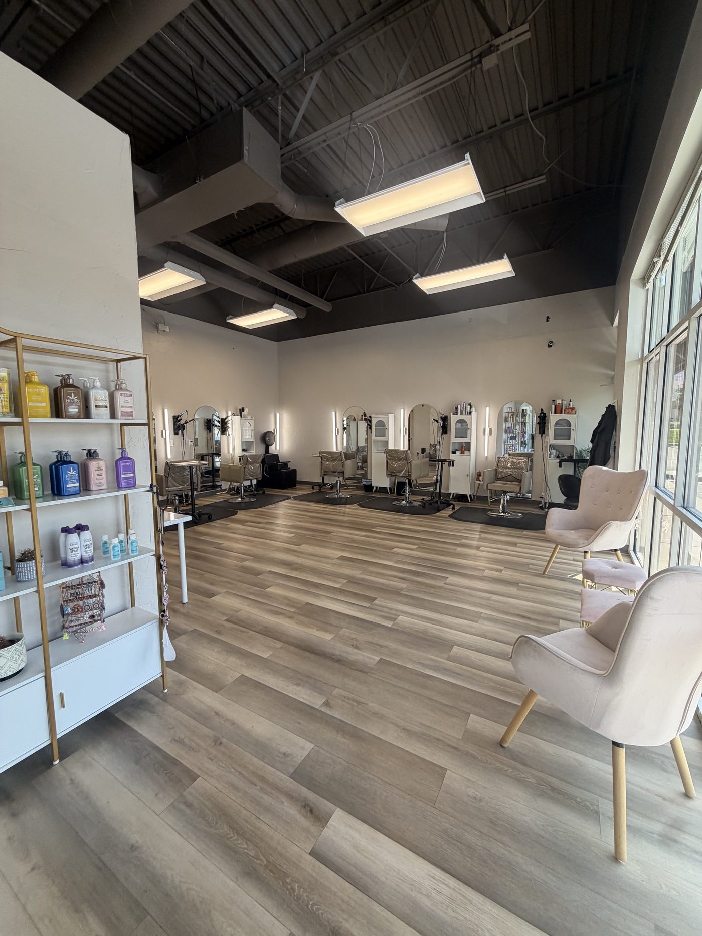 The Meraki Beauty Lounge salon floor with open hair stations