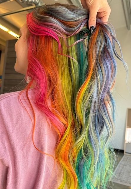 Rainbow hidden color underneath pink hair
